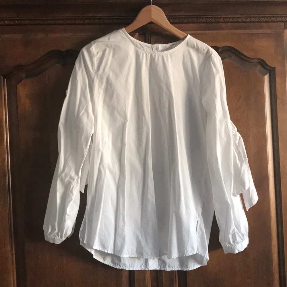 PLEIONE Tie Sleeve Poplin Blouse in White